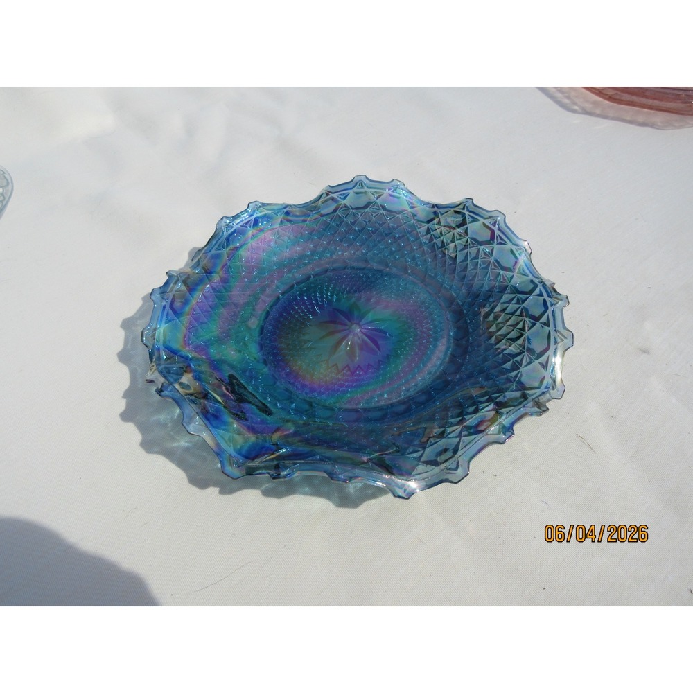 Vintage Blue Carnival Glass Ruffled Bowl Iridescent Starburst Diamond Pattern